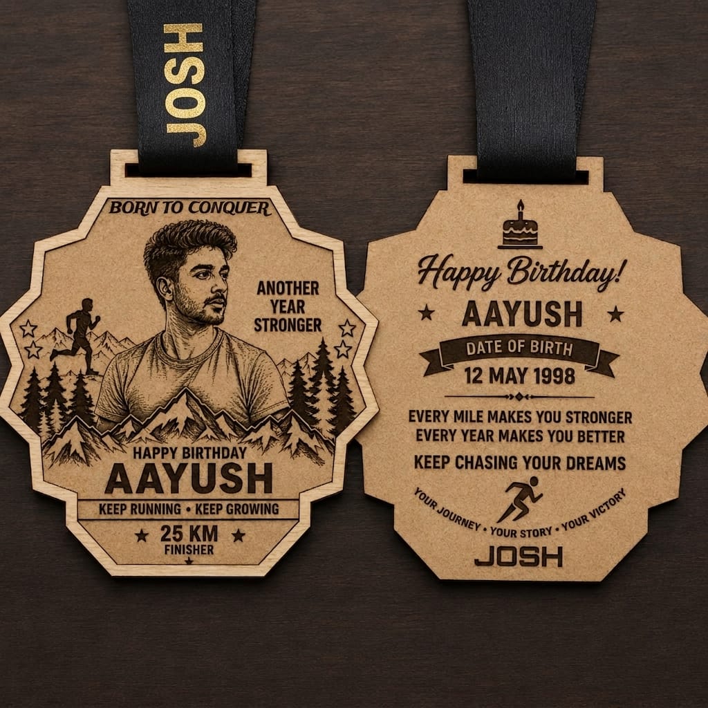 Birthday Special personalised wooden medal with photo and name