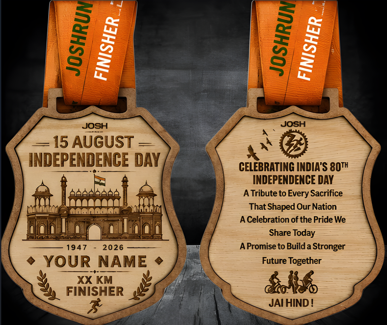 Independence Day wooden finisher medal — front and back